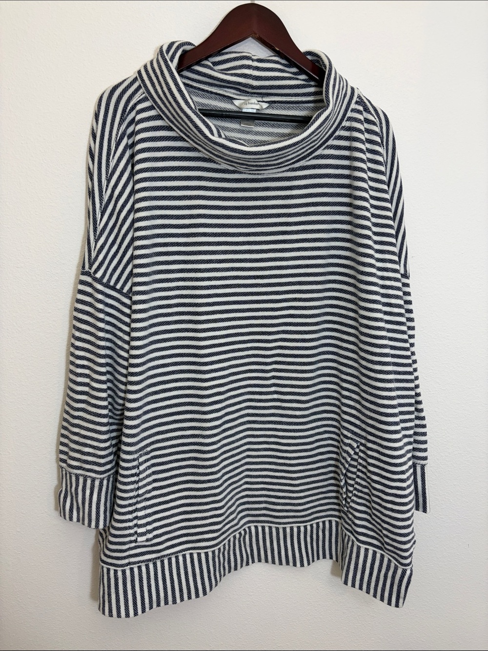 CJ Banks Striped Navy White Cowl Neck Top
